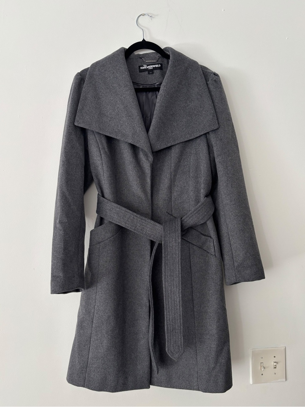 Karl Lagerfeld Paris Womens L Gray Wool Blend Belted Wrap Coat Shawl Collar Long